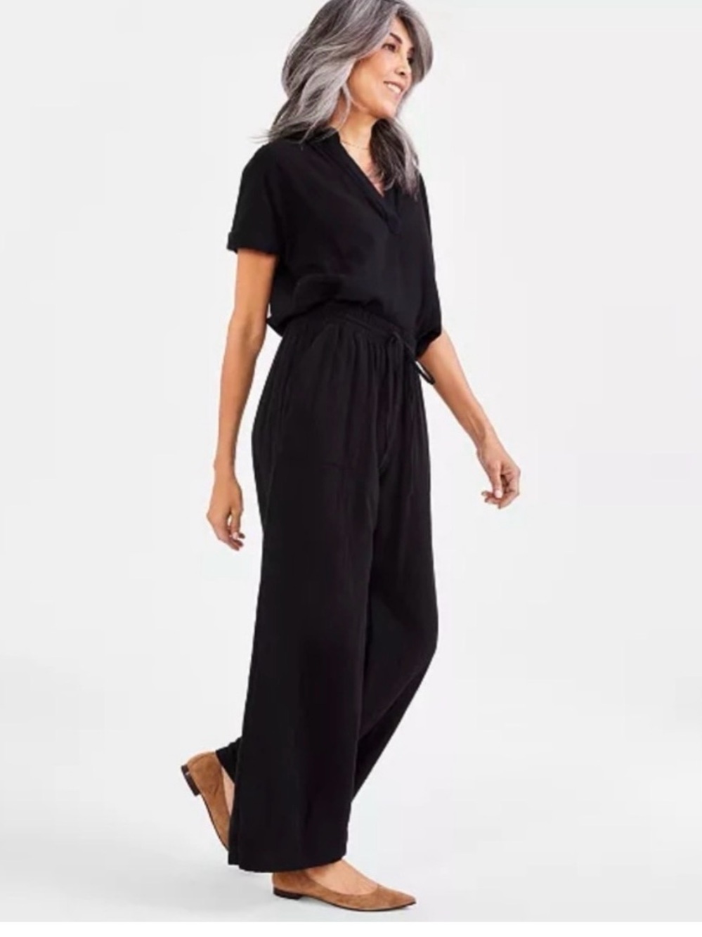 Style & Co. Gauze Black Wide-Leg Drawstring Pants and Blouse Set